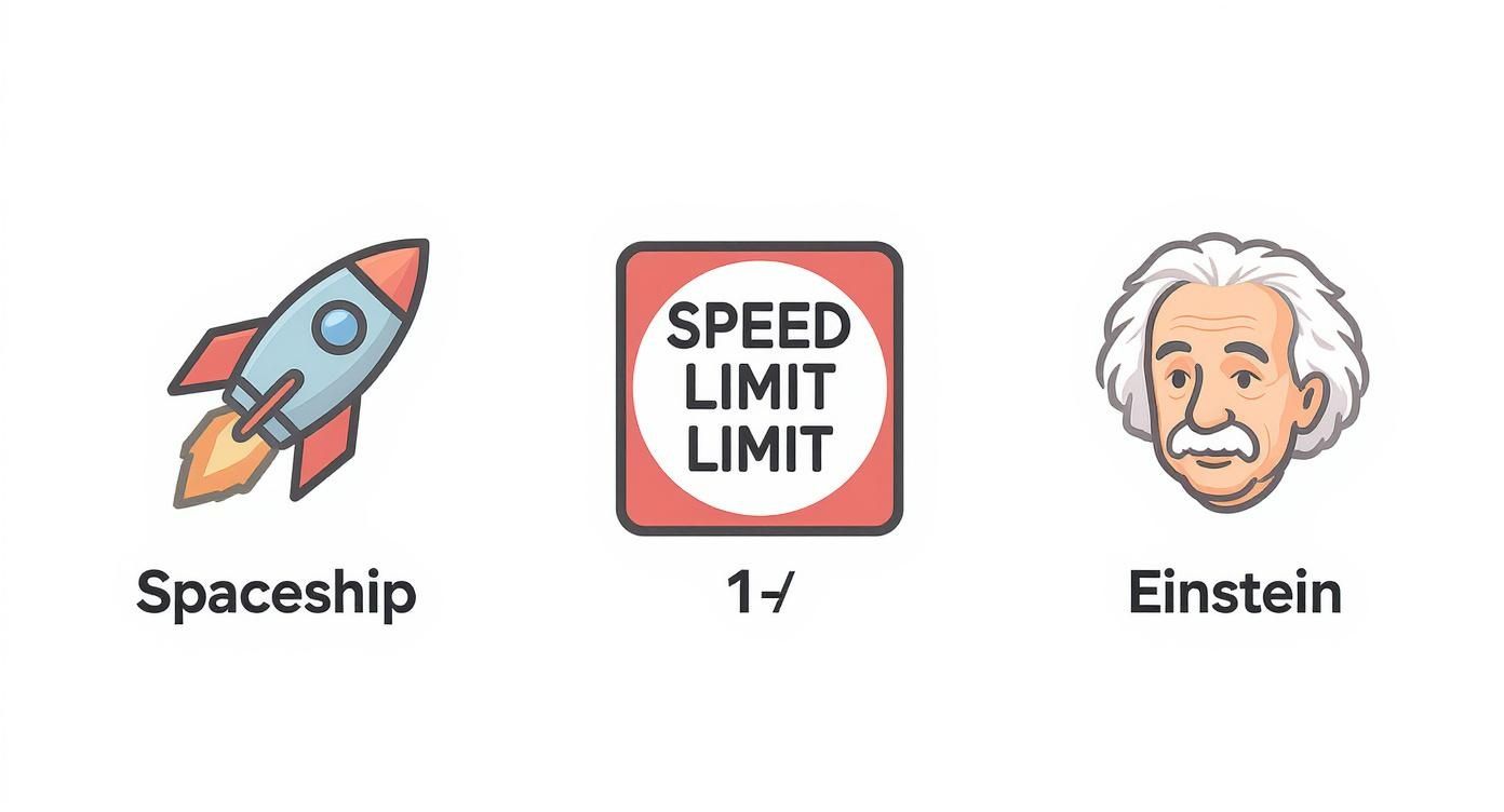 Illustration showing a cartoon rocket, a 'SPEED LIMIT' sign, and Albert Einstein's head.