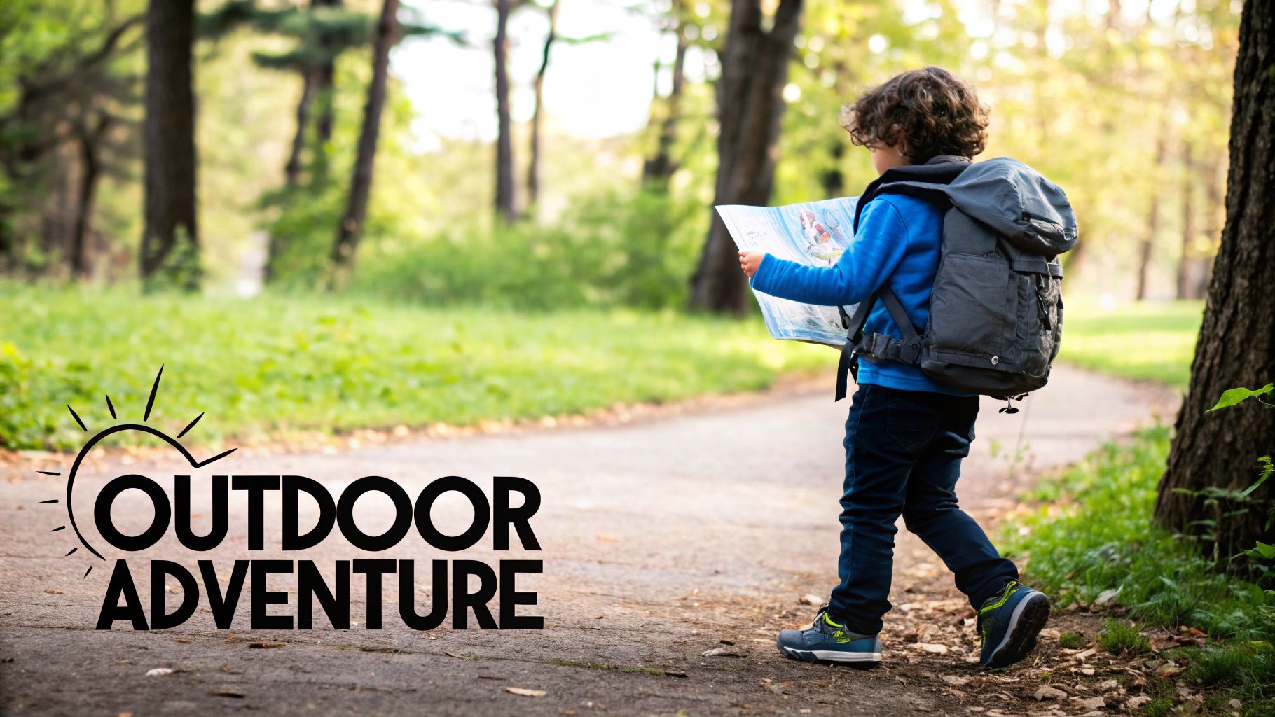 A young child wearing a backpack walks on a forest path, holding and looking at a map.