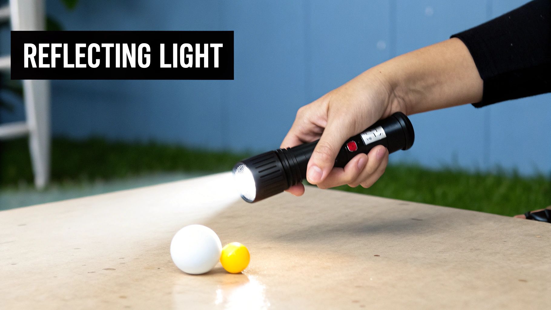A hand holds a flashlight, shining its beam onto a white and a yellow ball, demonstrating light reflection.