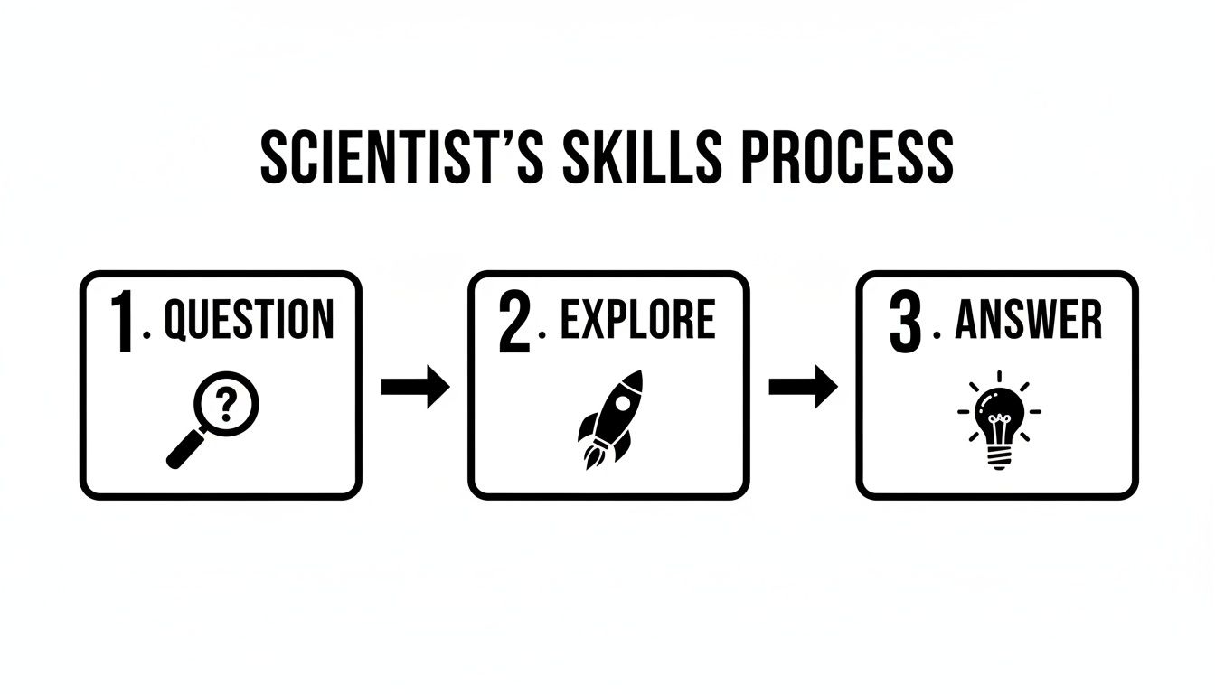 Flowchart illustrating a scientist's skills process: 1. Question, 2. Explore, 3. Answer.