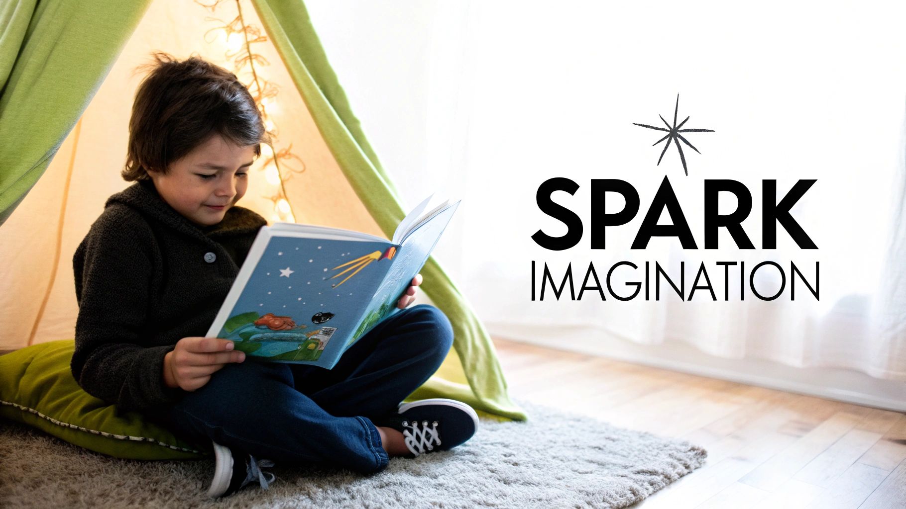 A happy child reads an illustrated book in a cozy tent, sparking imagination.