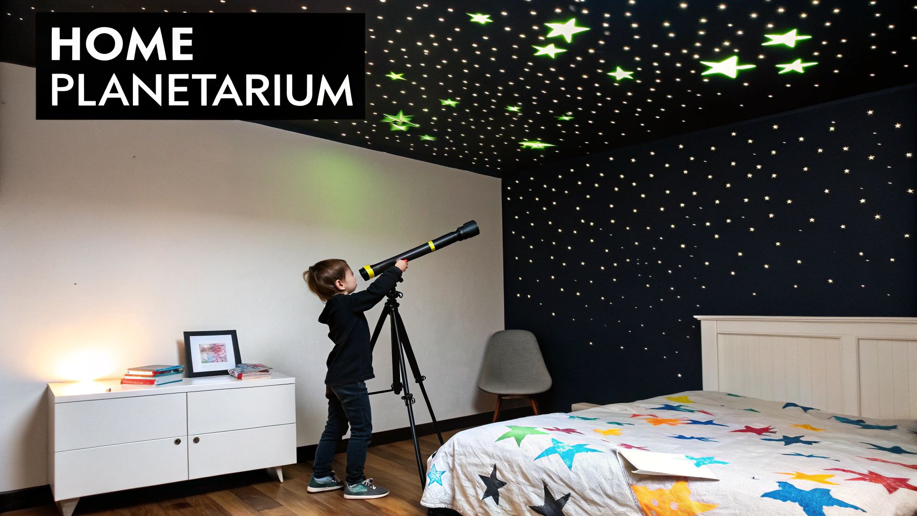 A young boy uses a telescope in a star-themed bedroom, creating a home planetarium.