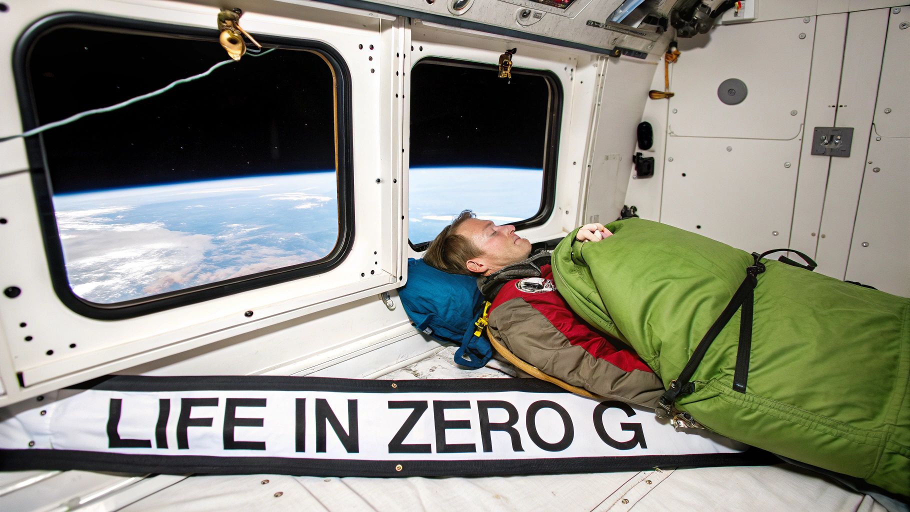 Astronaut exercising on specialised equipment inside the International Space Station