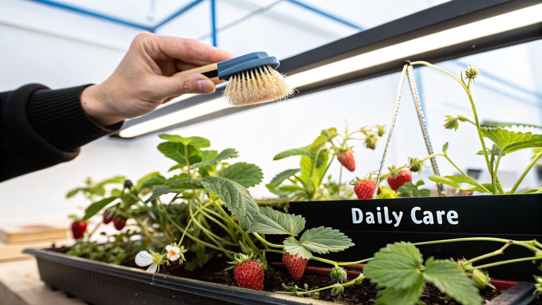 A small paintbrush gently touching the centre of a white strawberry flower on an indoor plant.