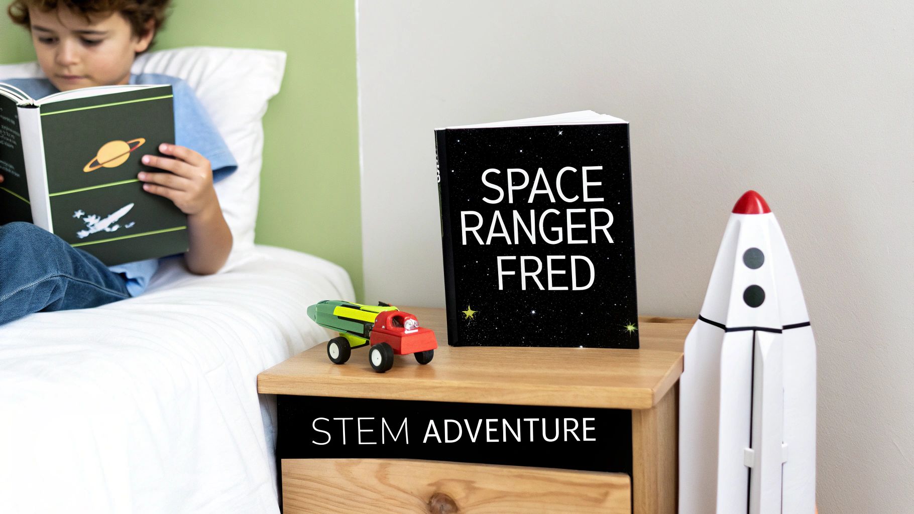 A child reading a book in an imaginative space-themed setting.