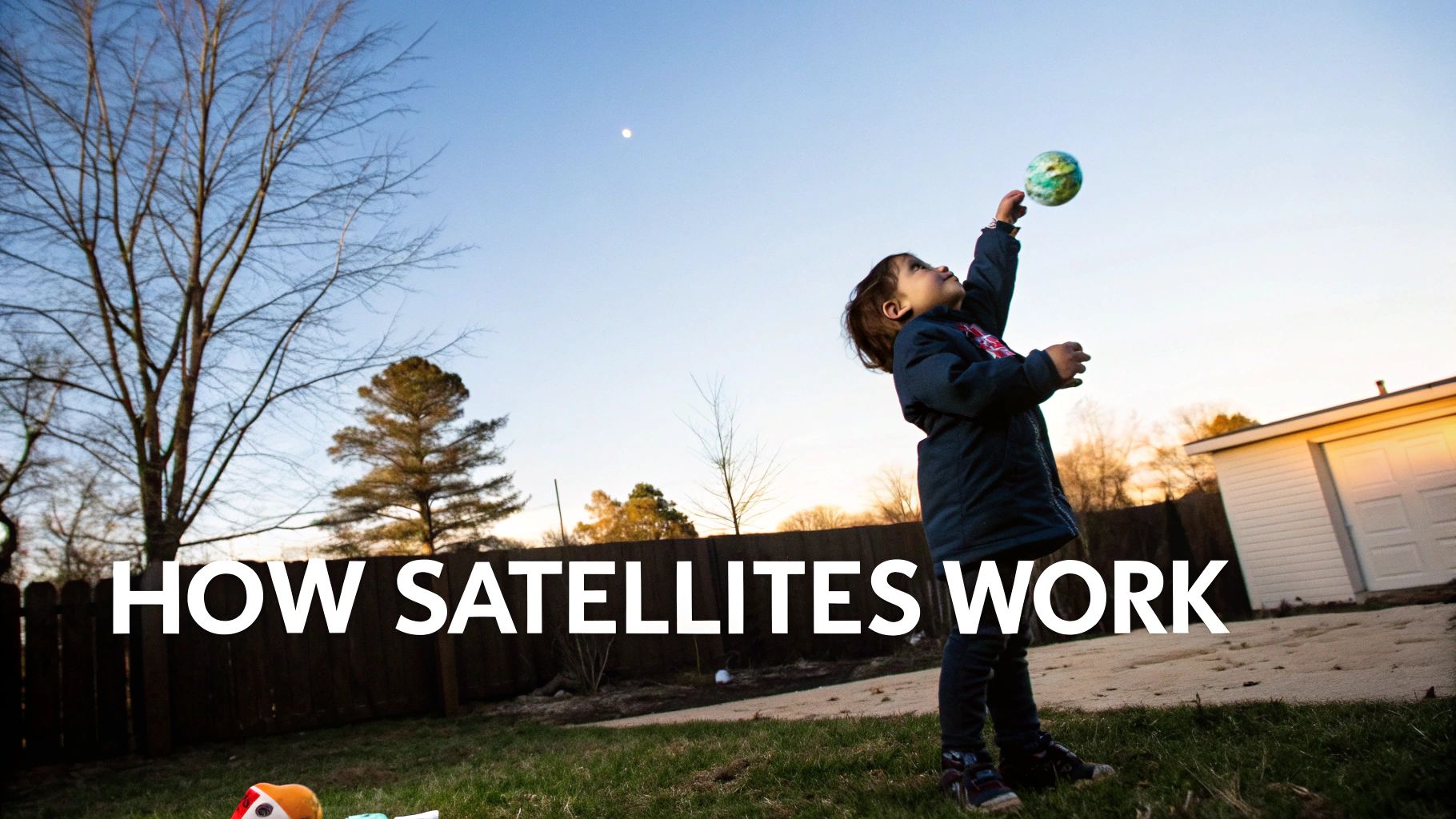 A satellite orbiting high above the Earth, with continents visible below.