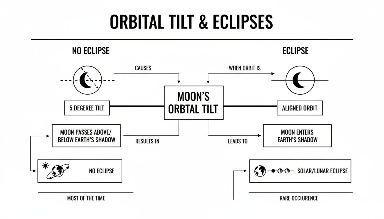 Diagram explaining Moon's orbital tilt, showing conditions for no eclipse versus solar/lunar eclipse.