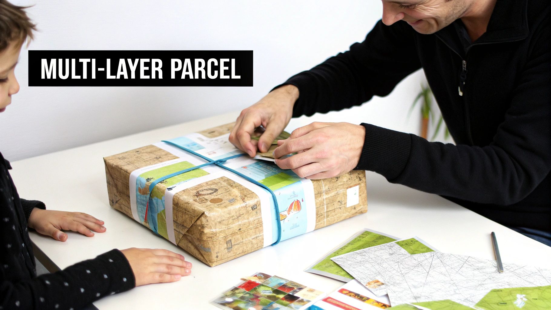 A man and child interact with a multi-layer, map-decorated parcel, likely playing a game.