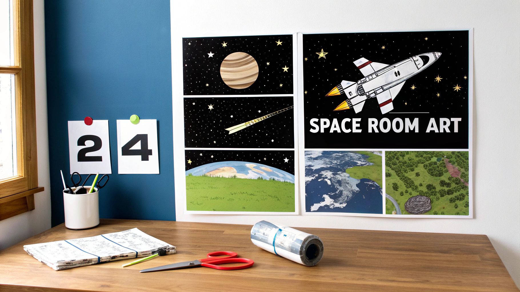 A creative desk setup features space-themed printouts on the wall and various craft supplies.