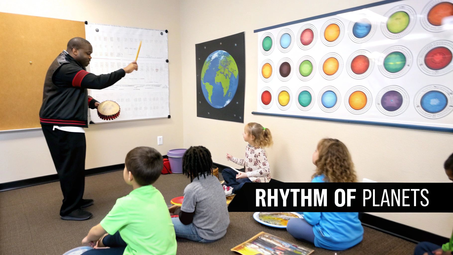 A man plays a small drum for children sitting on the floor, surrounded by planet posters.