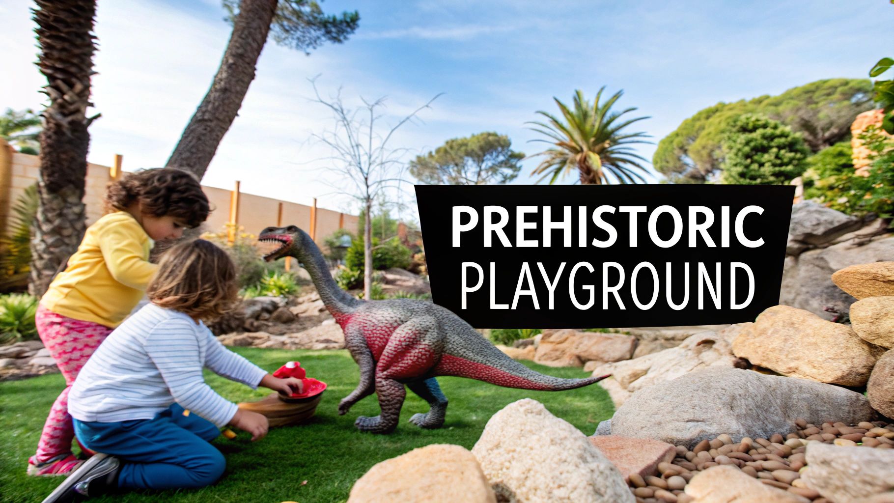 Children playing with colourful dinosaur toys on a wooden floor, creating an imaginative prehistoric scene.