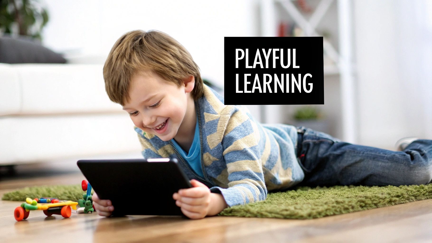 Children happily playing educational video games on a tablet, showing colourful graphics.