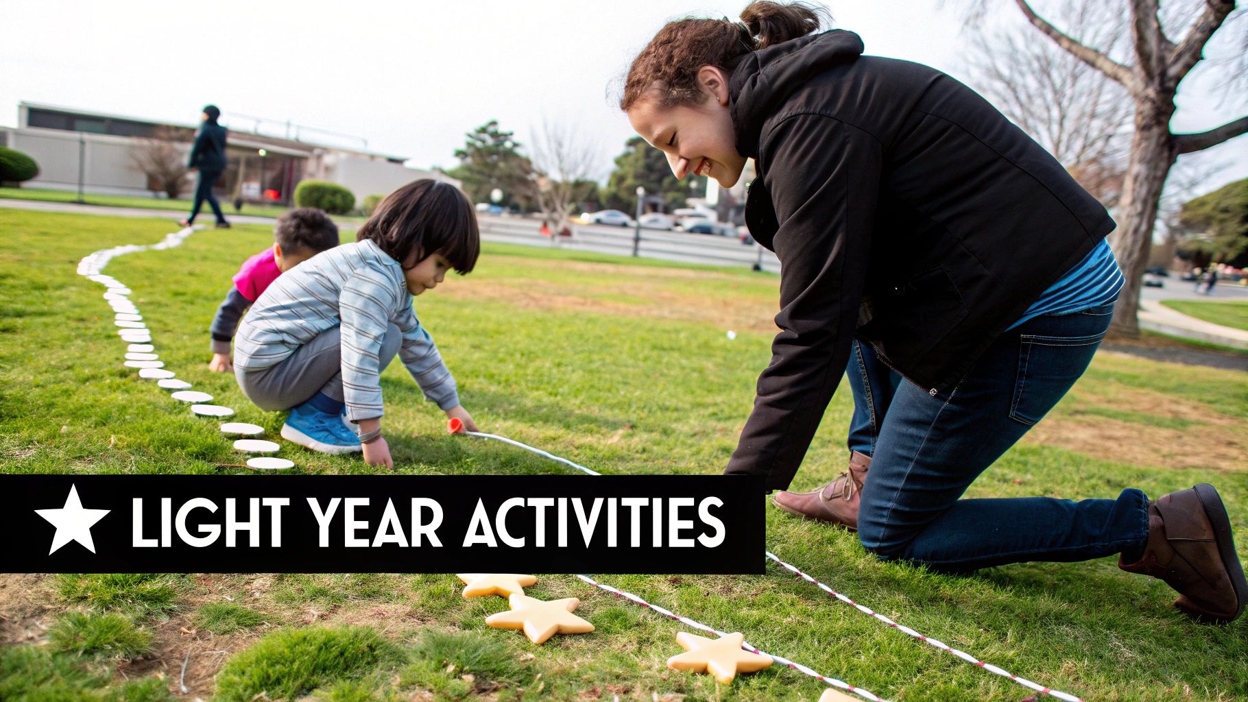 A woman and two children participate in outdoor light year activities, measuring on a grassy field with stars.