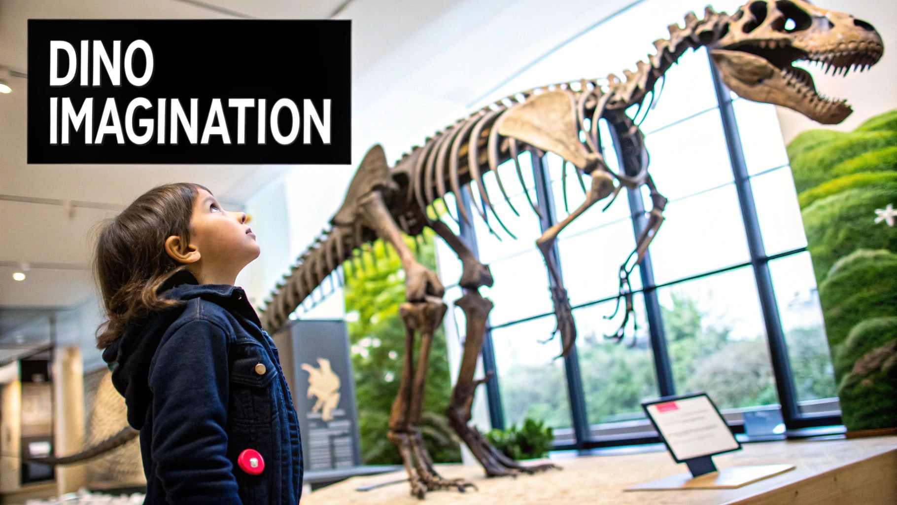 A young child wearing a safari hat carefully brushes sand off a dinosaur fossil toy in a sandbox.