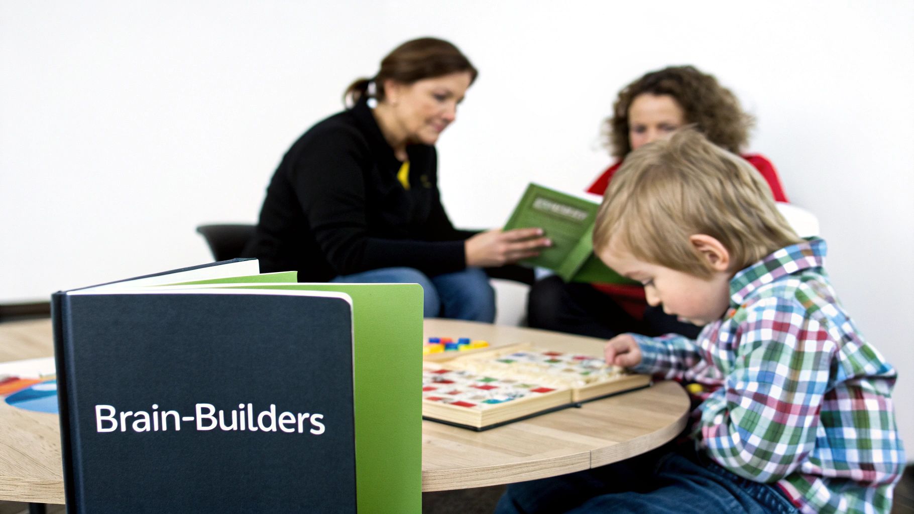 A young boy plays an educational board game at a table with a “Brain-Builders” book, while two women read in the background.