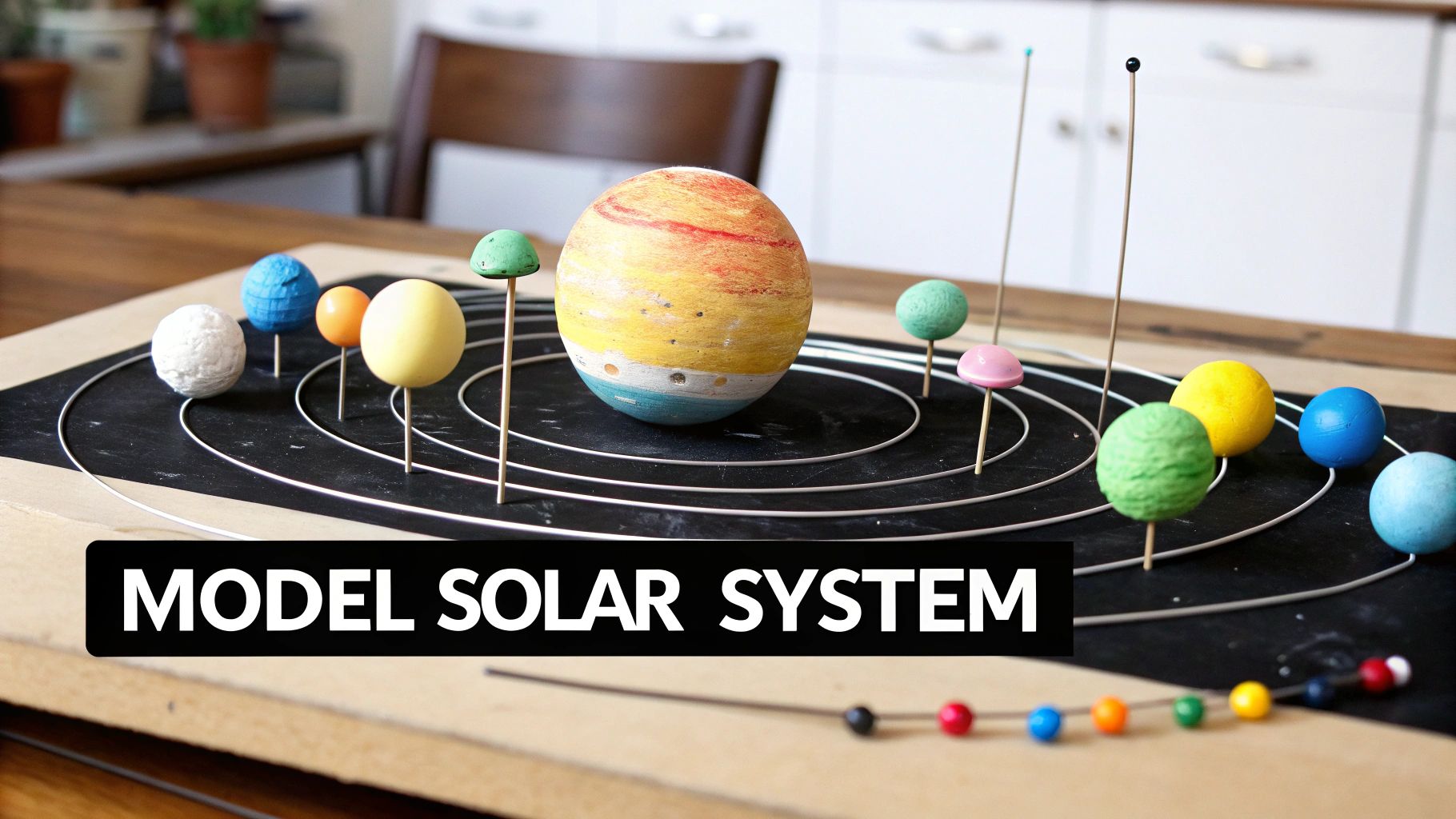 A colourful, handmade model of the solar system with a yellow sun and multiple planets on a black base.