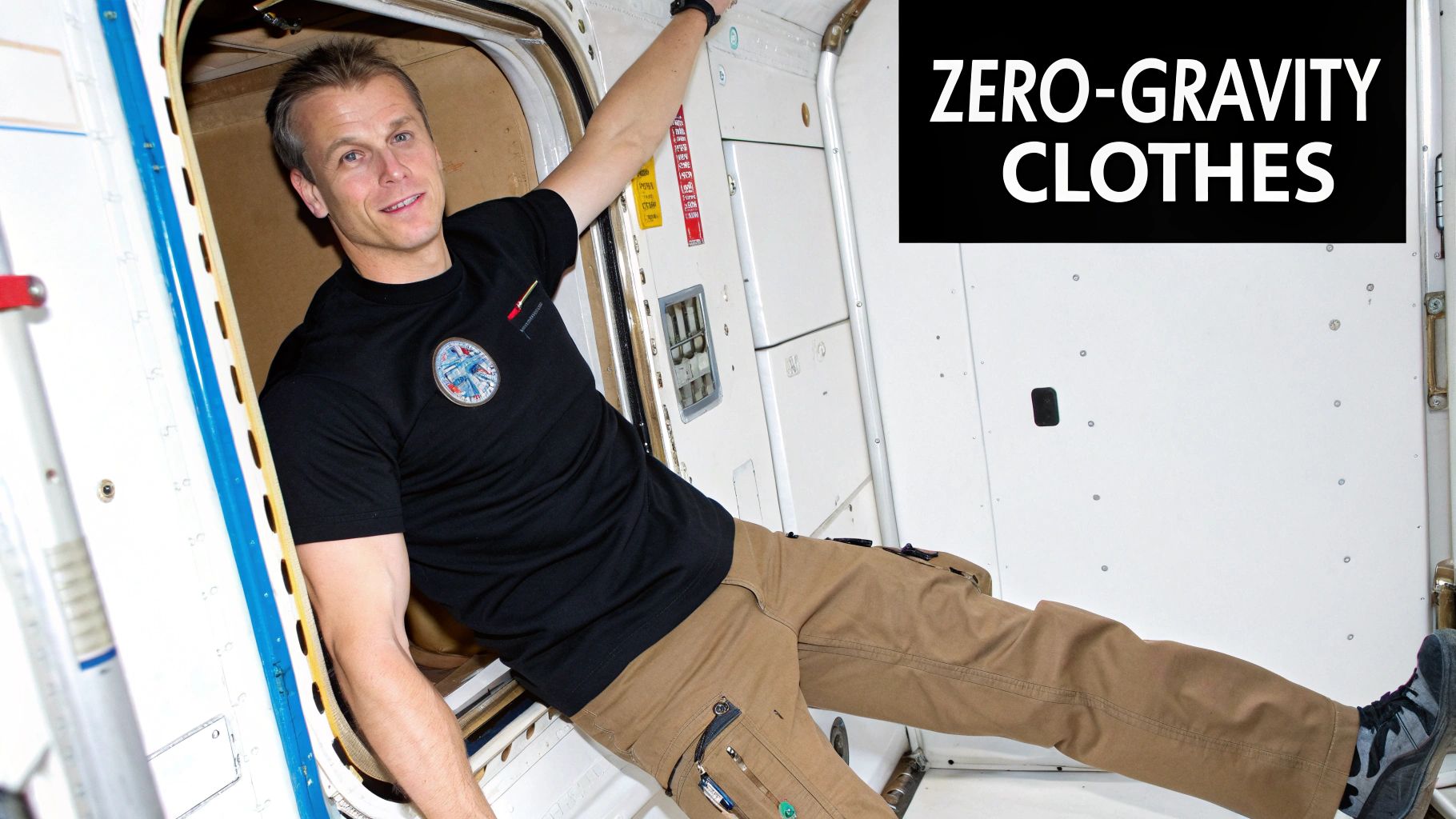 Smiling astronaut in ISS module, wearing black shirt and tan trousers, demonstrating zero-gravity attire.