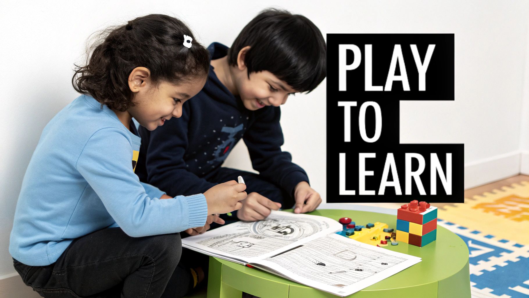 Children playing and building with colourful blocks on the floor.