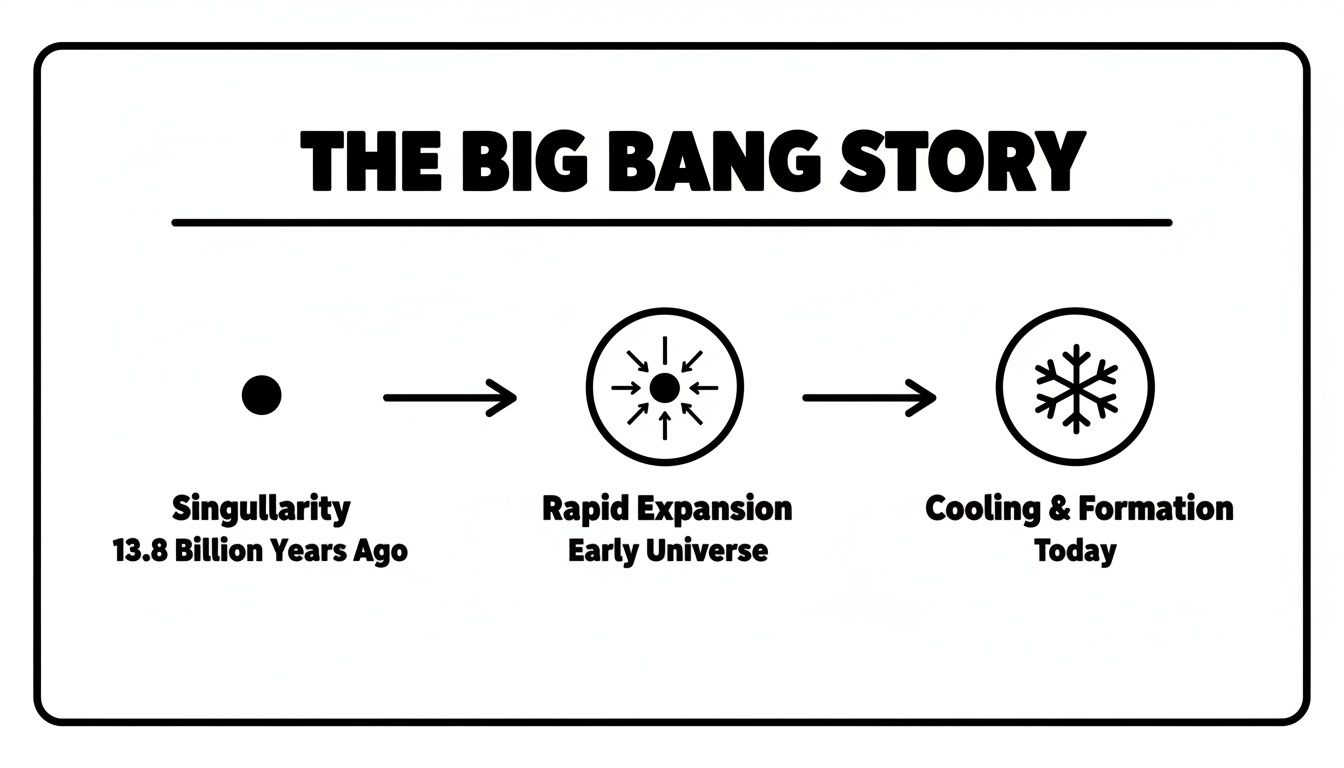 A diagram illustrating the Big Bang theory timeline from singularity to the current universe formation.