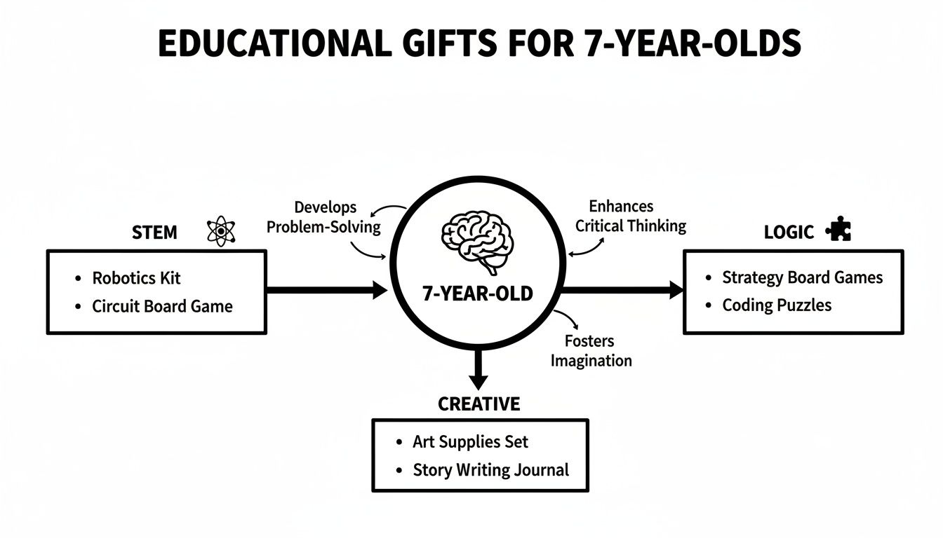 Diagram of educational gifts for 7-year-olds, including STEM, Logic, and Creative categories with associated benefits.
