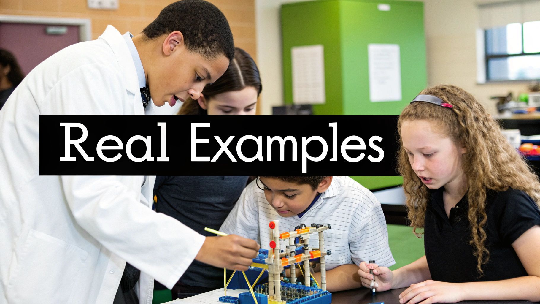 Children gathered around a table with craft supplies, working together on a space-themed project.