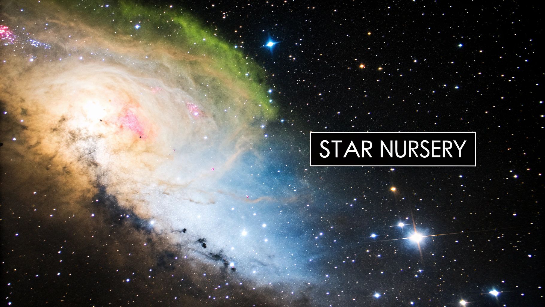 A stunning, colourful nebula with bright stars forming within its swirling gas and dust clouds.