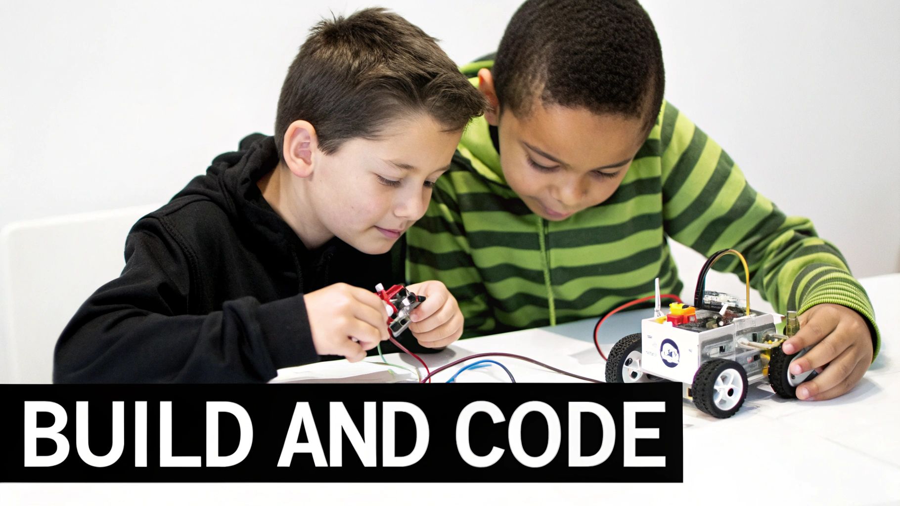 Two young boys are engrossed in building and wiring a small robot car during a STEM activity.