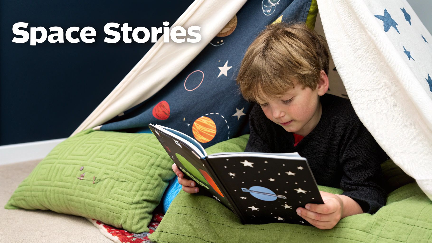 A child sitting comfortably in a cosy corner, engrossed in a colourful book about space.