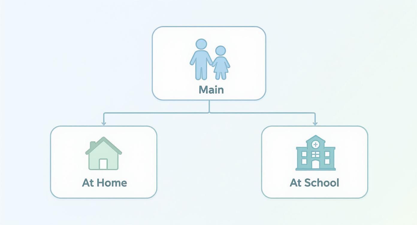 Flowchart illustrating a main figure (parent and child) connecting to home and school environments.