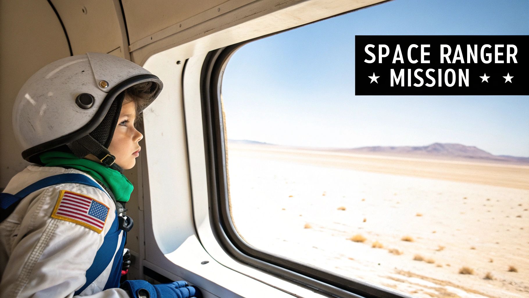 A young child wearing an astronaut helmet and suit looks out a window at a vast desert landscape.