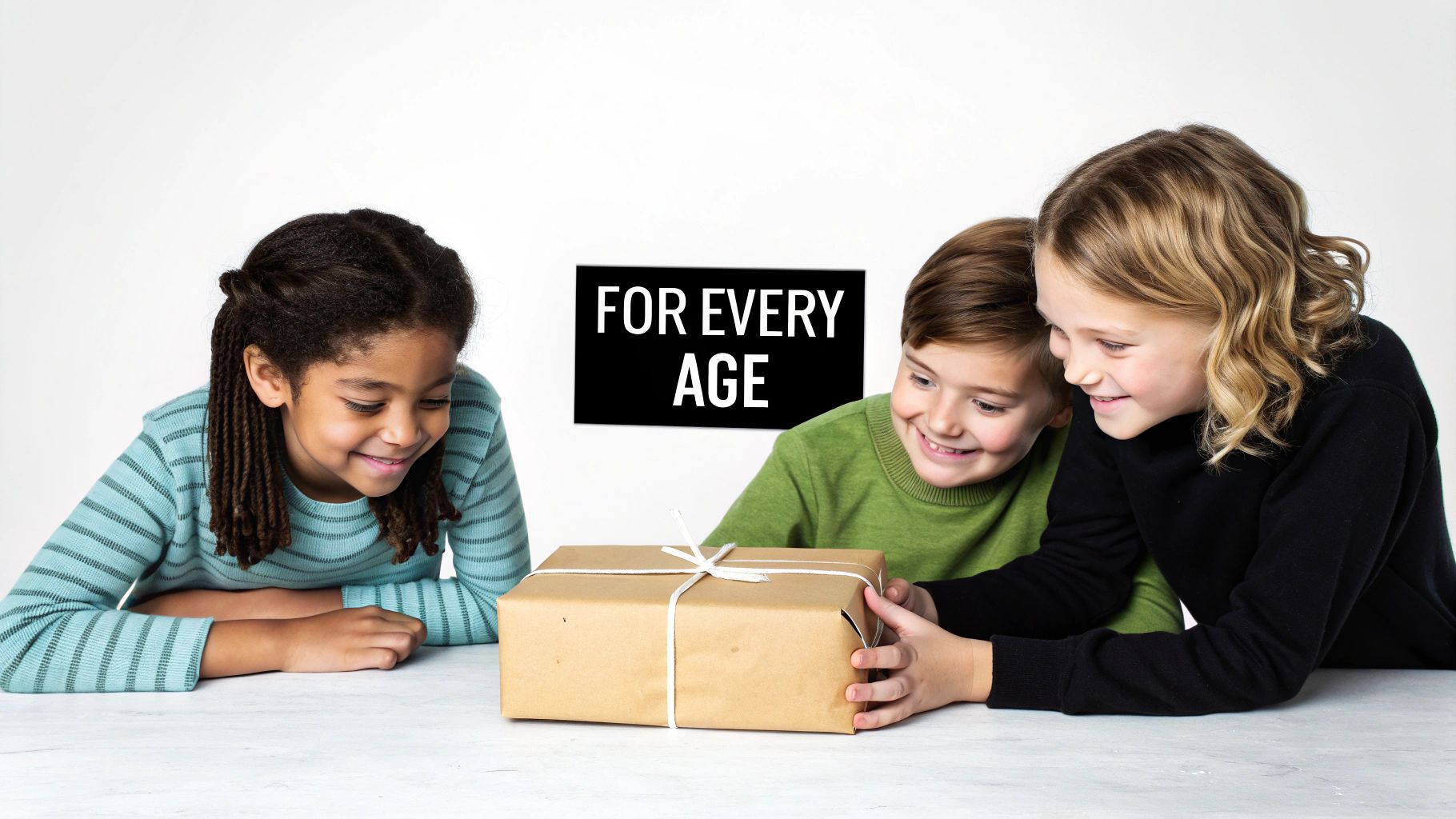 Three happy children, two boys and a girl, gather around a brown gift box, smiling. The text "FOR EVERY AGE" is visible.