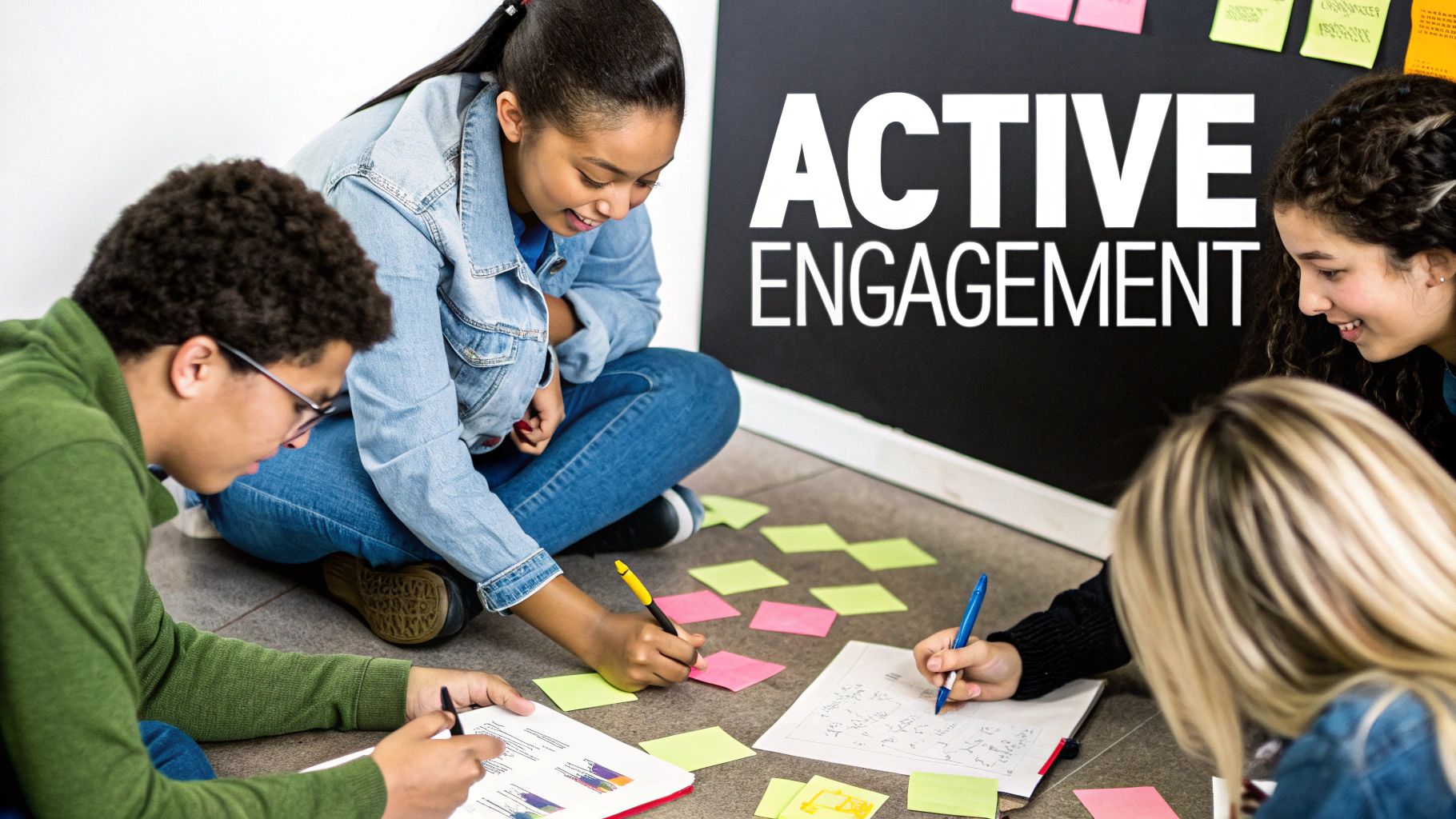 A group of children working together on a building project with colourful blocks, smiling and engaged.