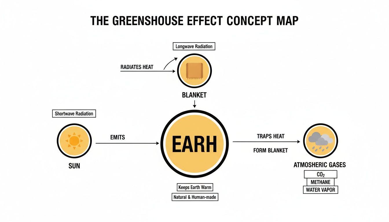 Concept map illustrating the greenhouse effect with sun, earth, atmospheric gases, and radiation.