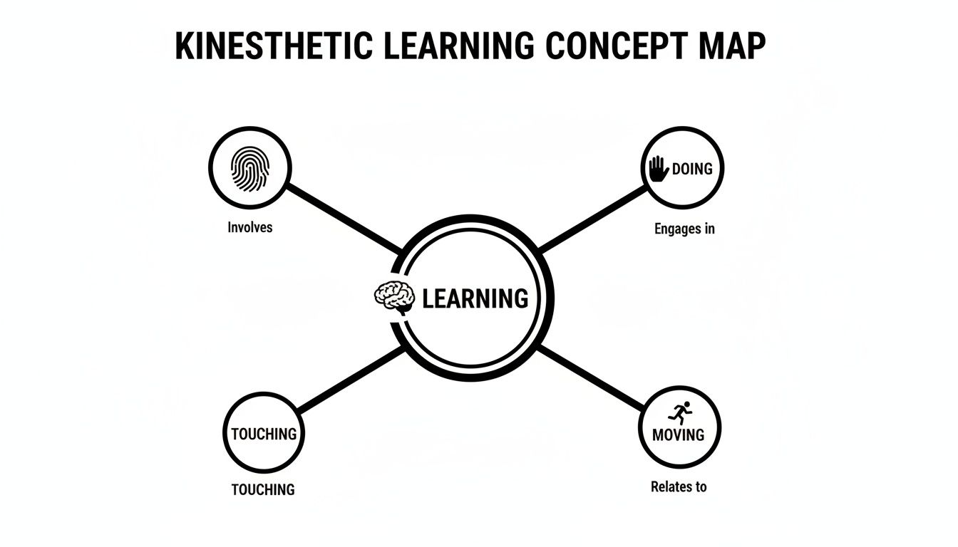 A kinesthetic learning concept map showing learning connected to doing, moving, and touching.