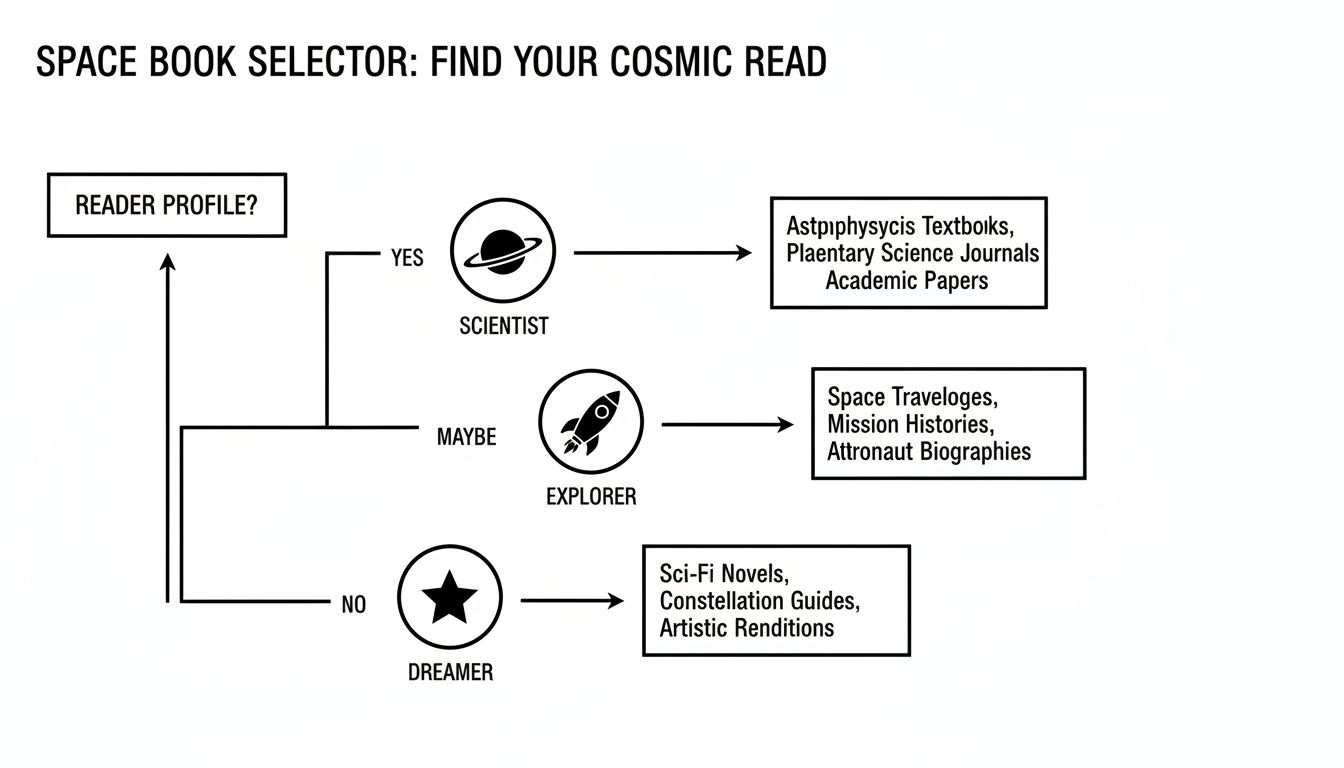 Flowchart for space book selection based on reader profile: Scientist, Explorer, or Dreamer.