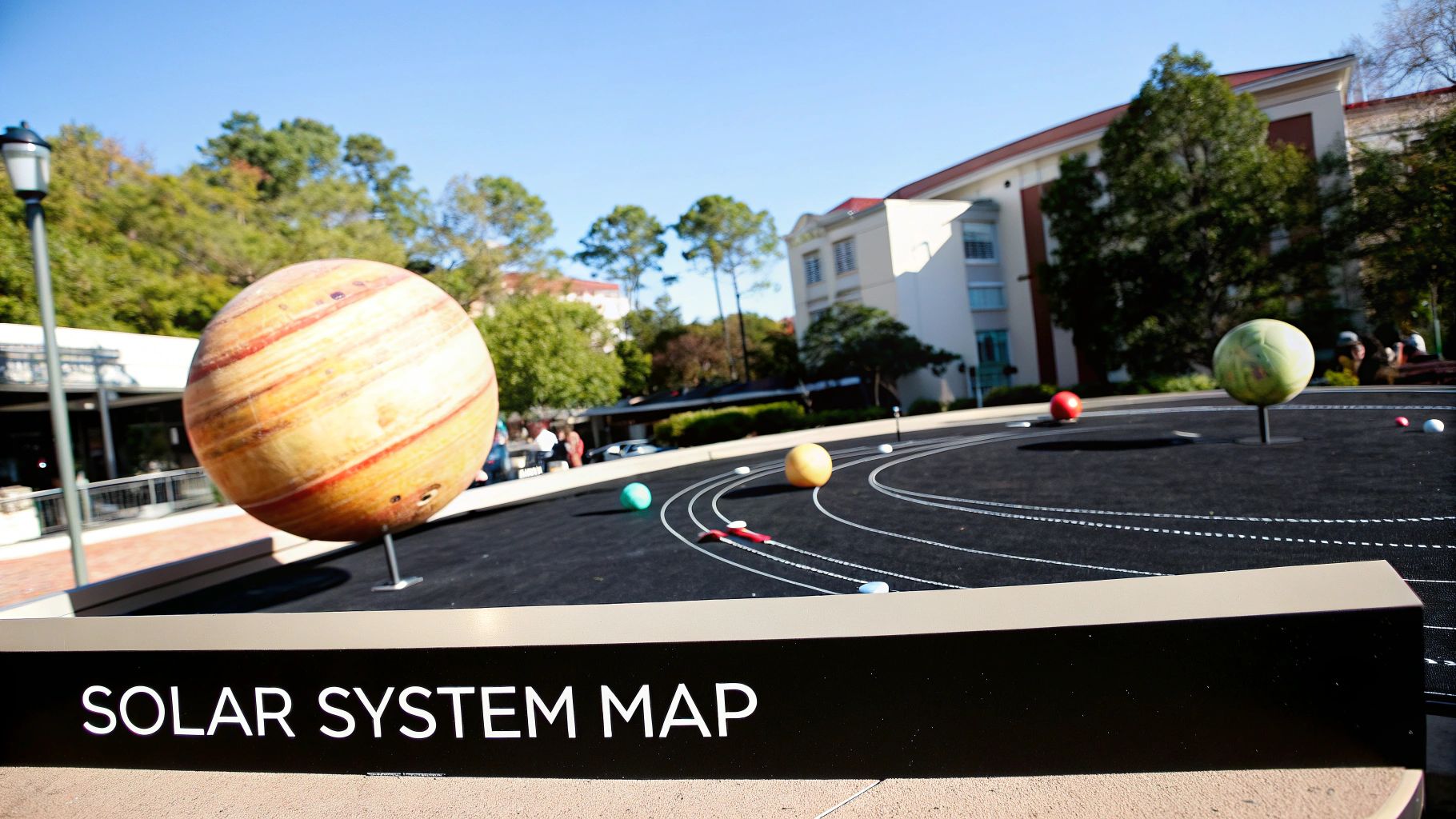 An outdoor display of a solar system map with planet models, including Jupiter, on a sunny day.