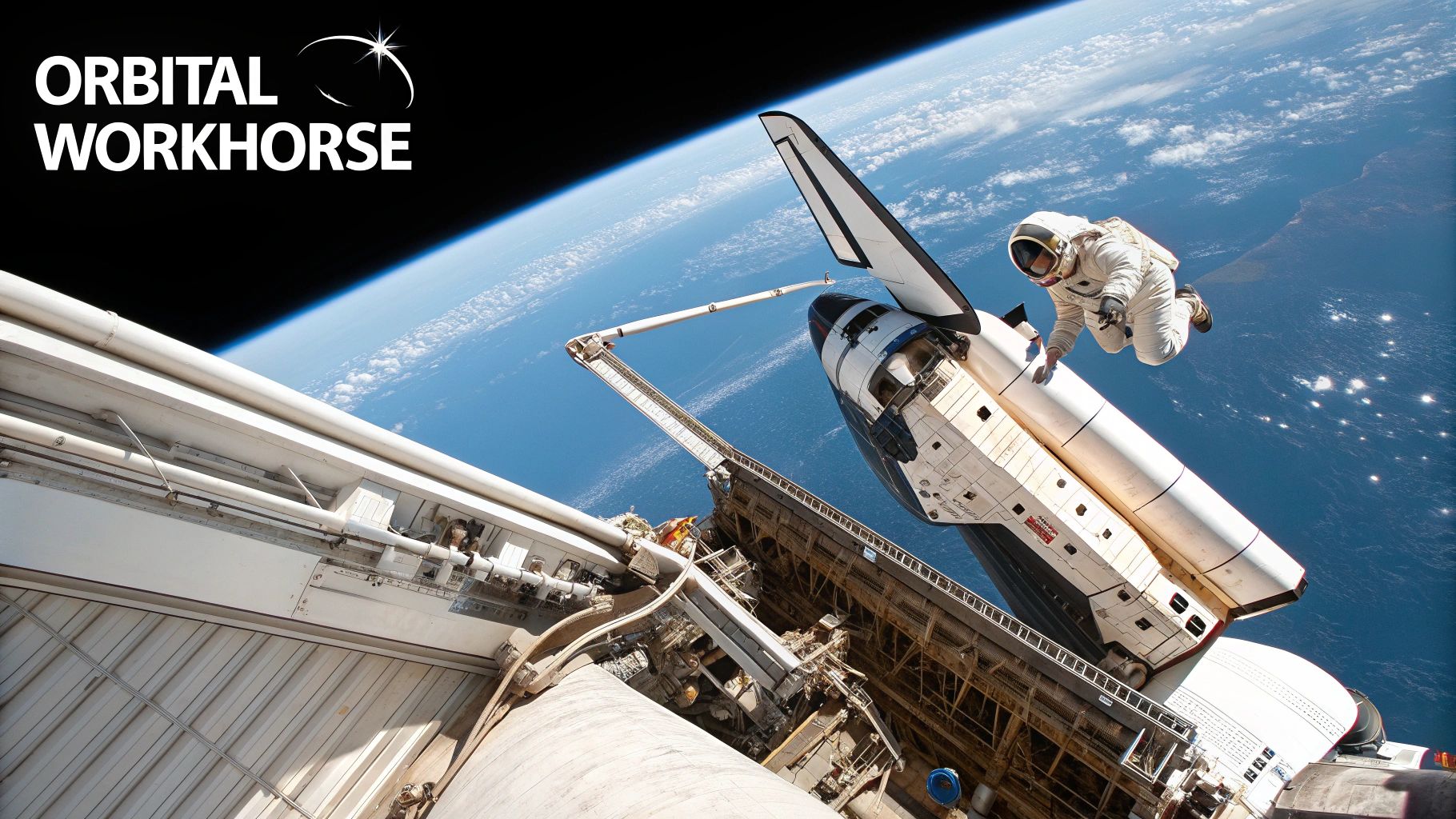 An astronaut performs a spacewalk beside a space shuttle orbiting Earth with a robotic arm.