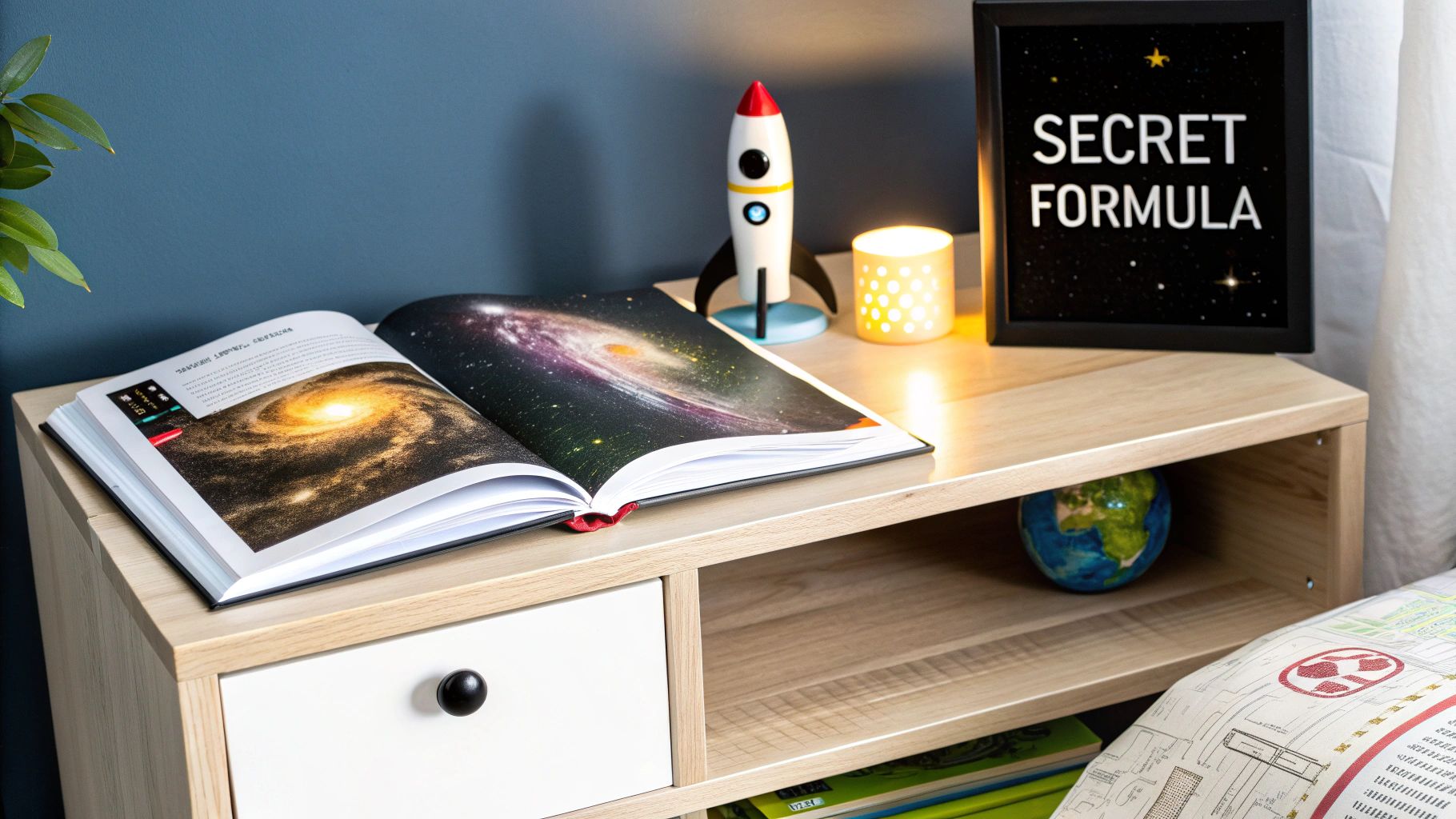 A child's nightstand with an open space book, rocket toy, glowing candle, and a 'SECRET FORMULA' sign.