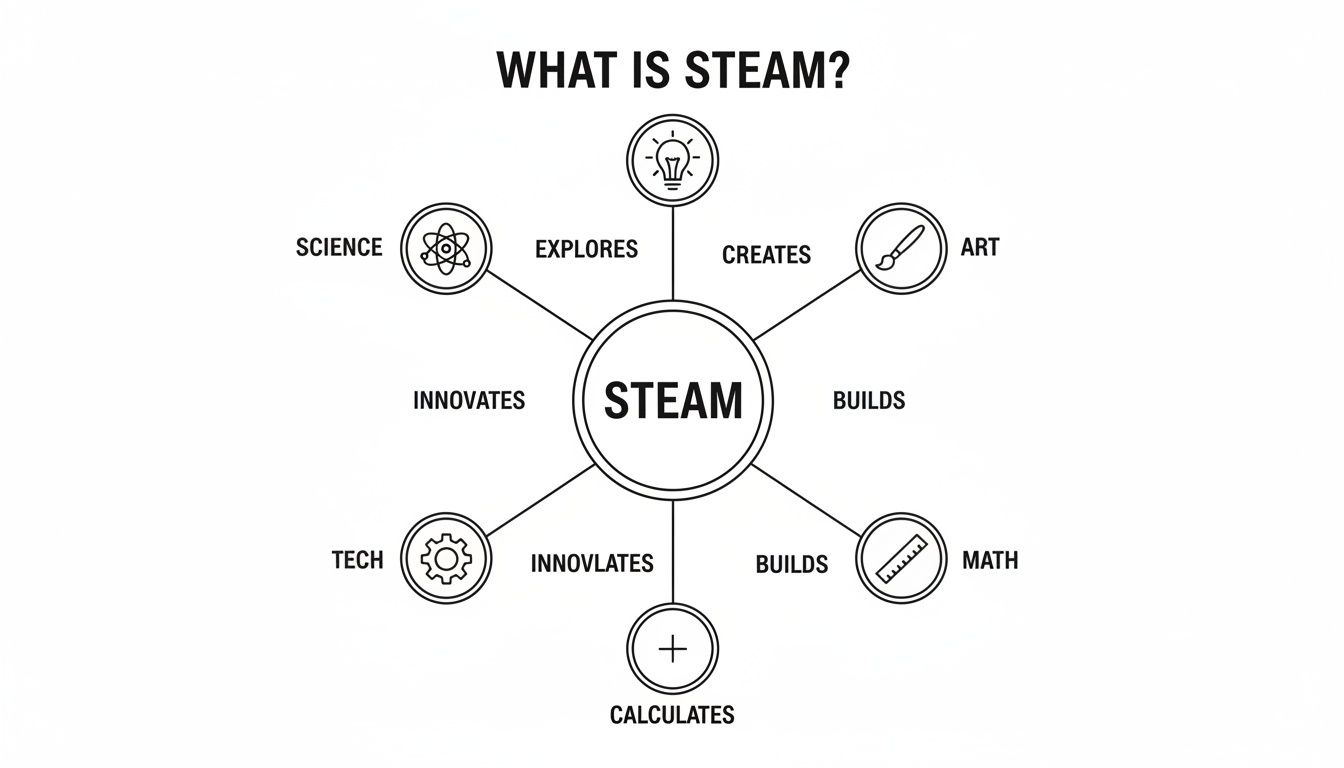 Infographic defining STEAM education, linking Science, Tech, Art, Math with actions: explores, creates, innovates, builds, calculates.