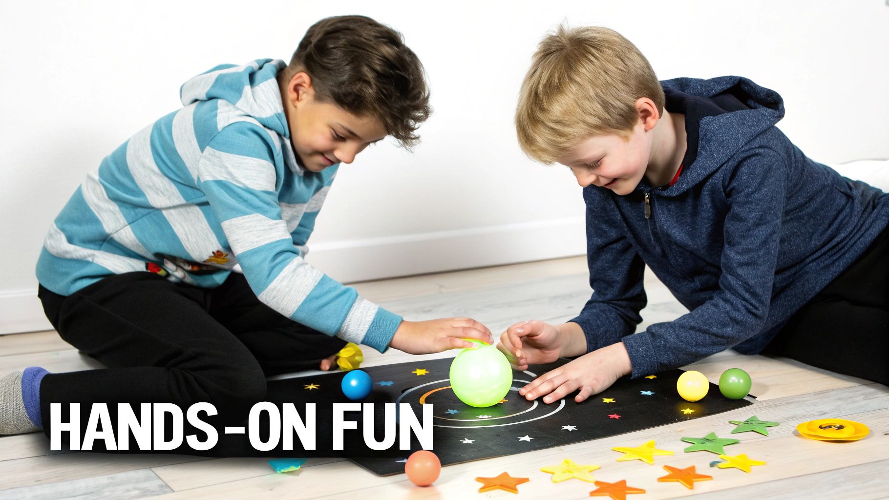 Two smiling boys engaging in hands-on learning, playing with colorful planets and stars on a mat.