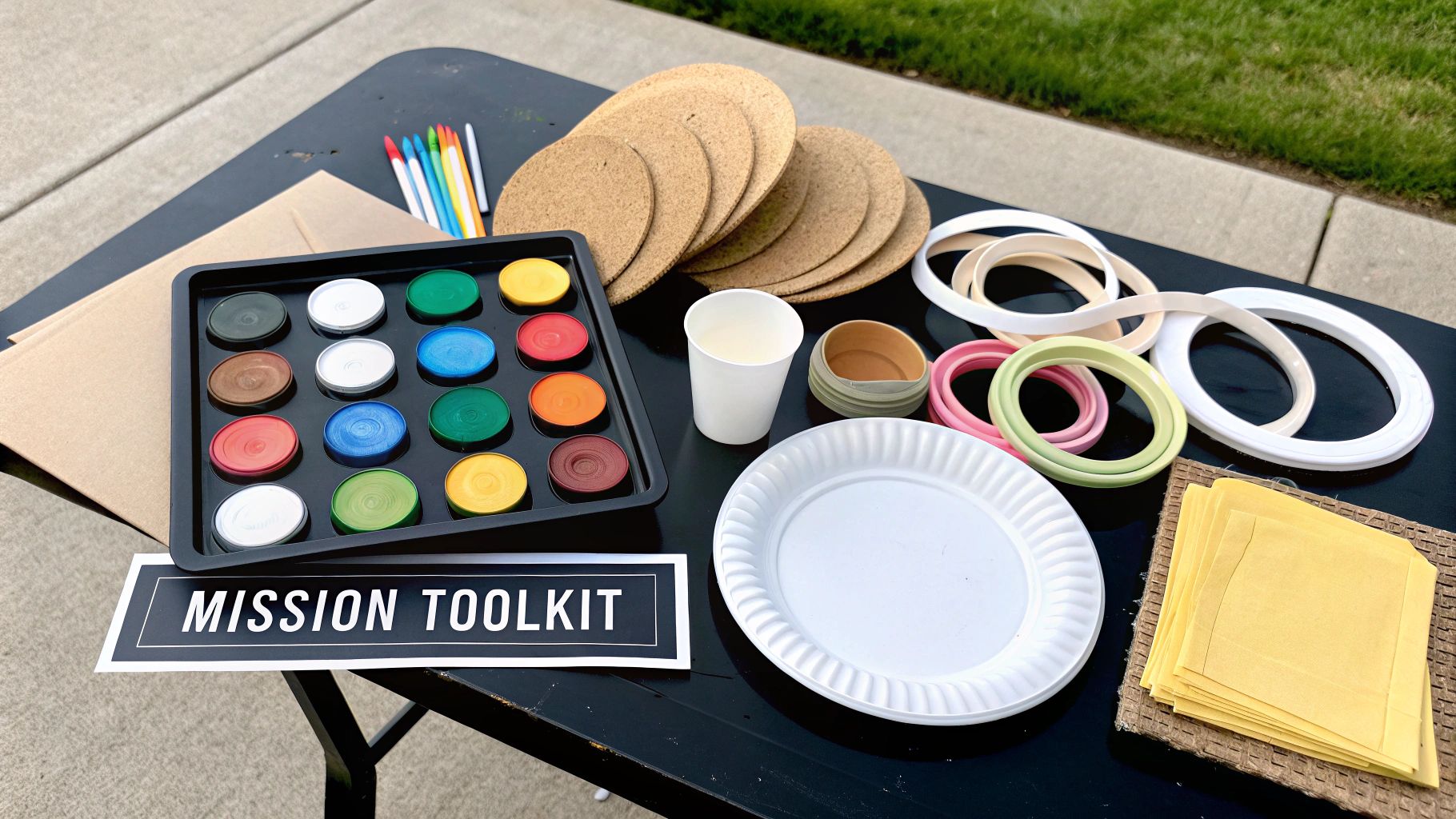 A variety of colorful craft supplies, including watercolors, cork mats, and rings, displayed on a black table.