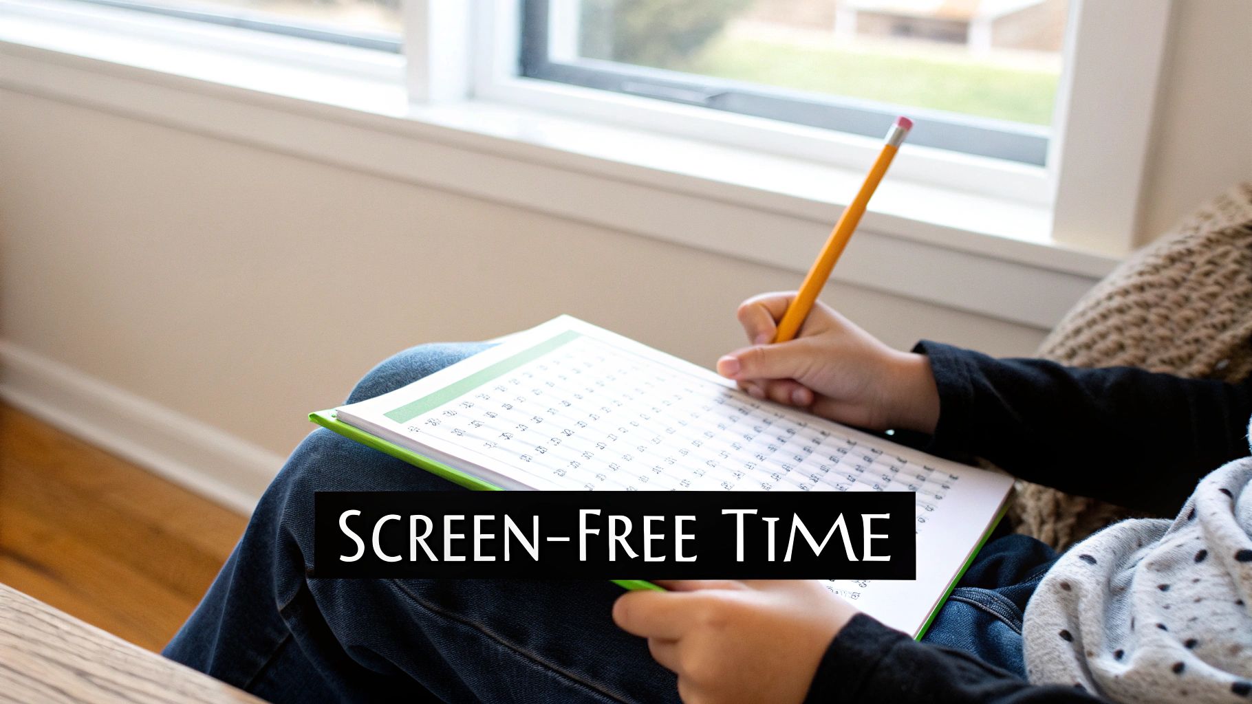 Close-up of a child's hands doing a word search in a workbook with a pencil by a window.