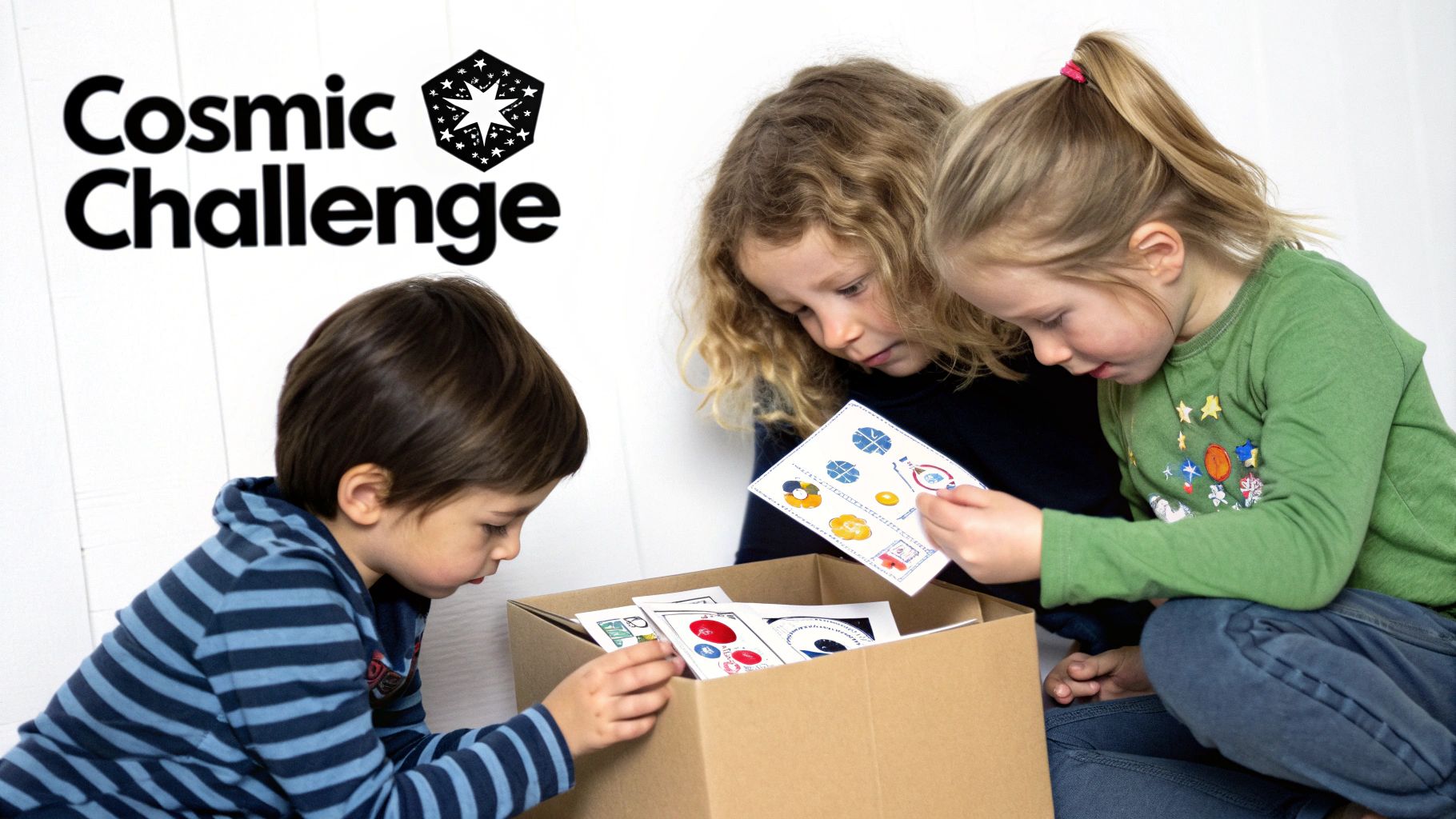 Three children, two girls and one boy, are playing with game cards from a cardboard box.