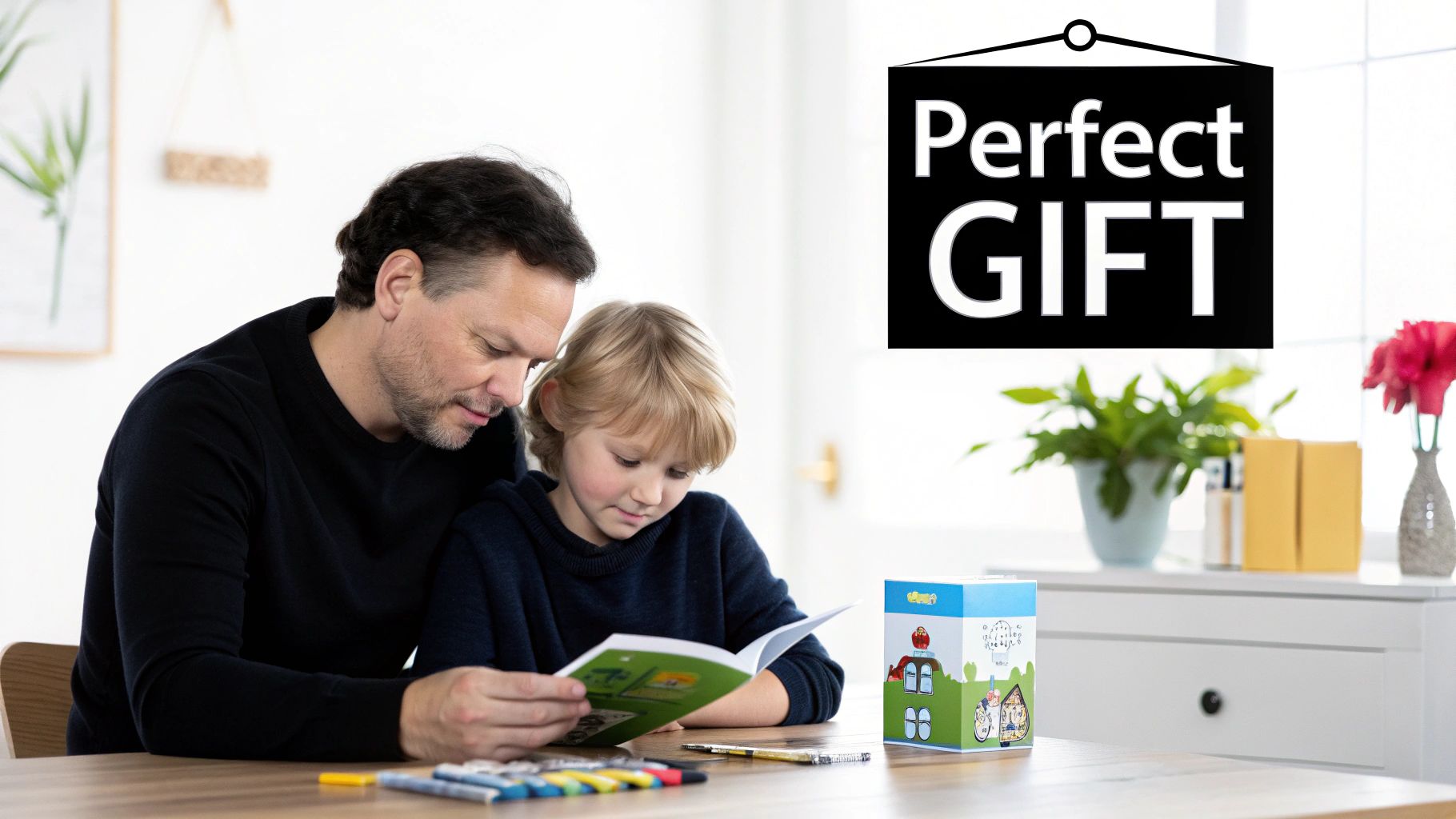 A father and son read an educational book together, with colorful markers and a gift box on the table.
