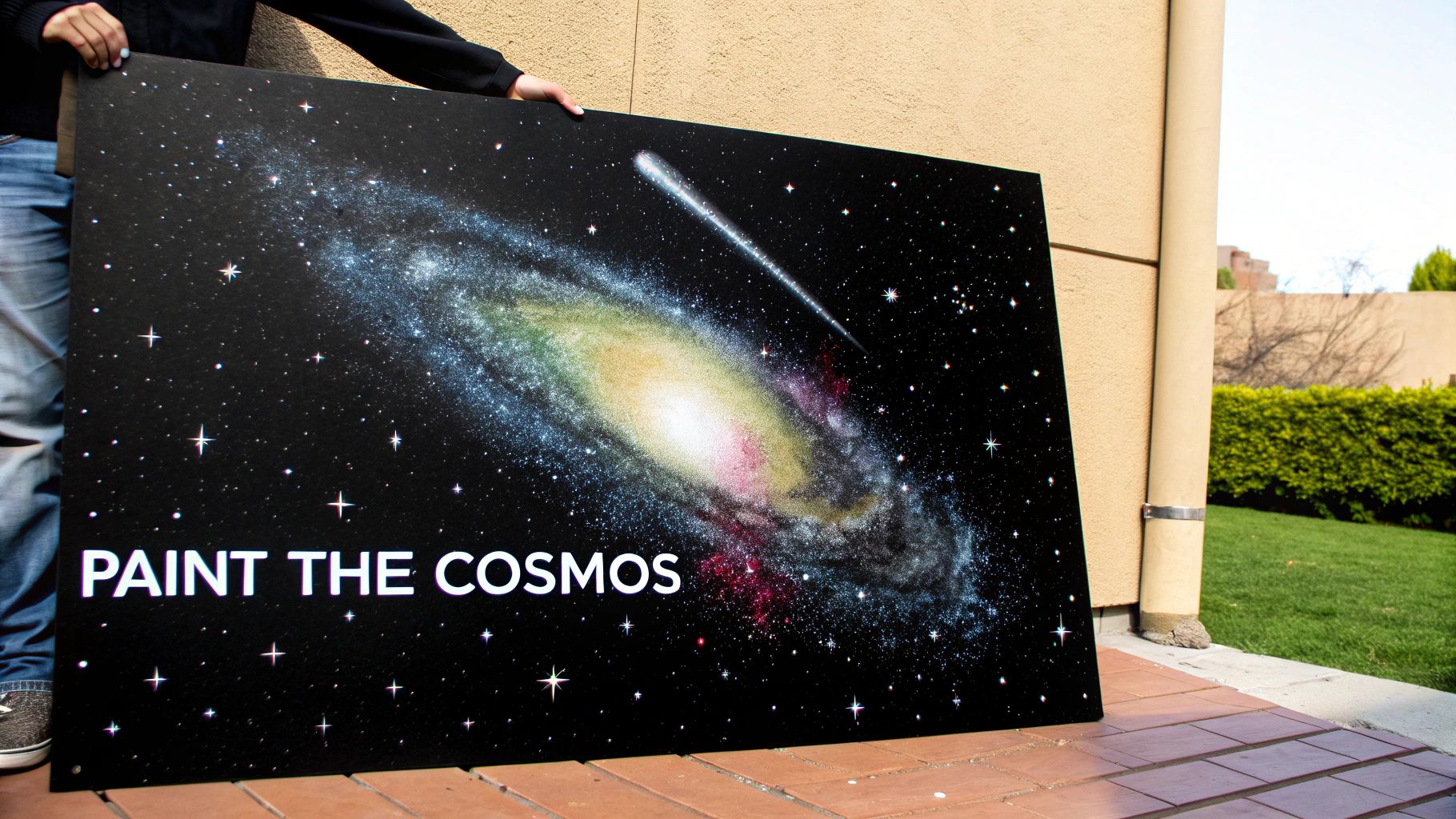 A person holds a large black poster depicting a vibrant galaxy, stars, and a comet with 'PAINT THE COSMOS' text.