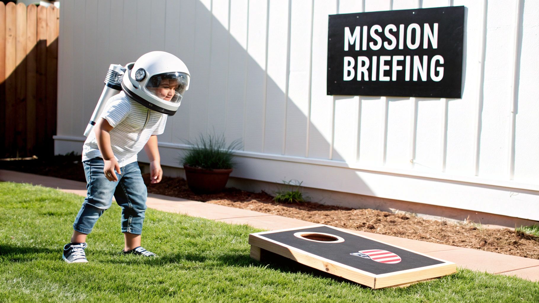 A child in an astronaut helmet and jetpack stands on grass, looking at a cornhole board.
