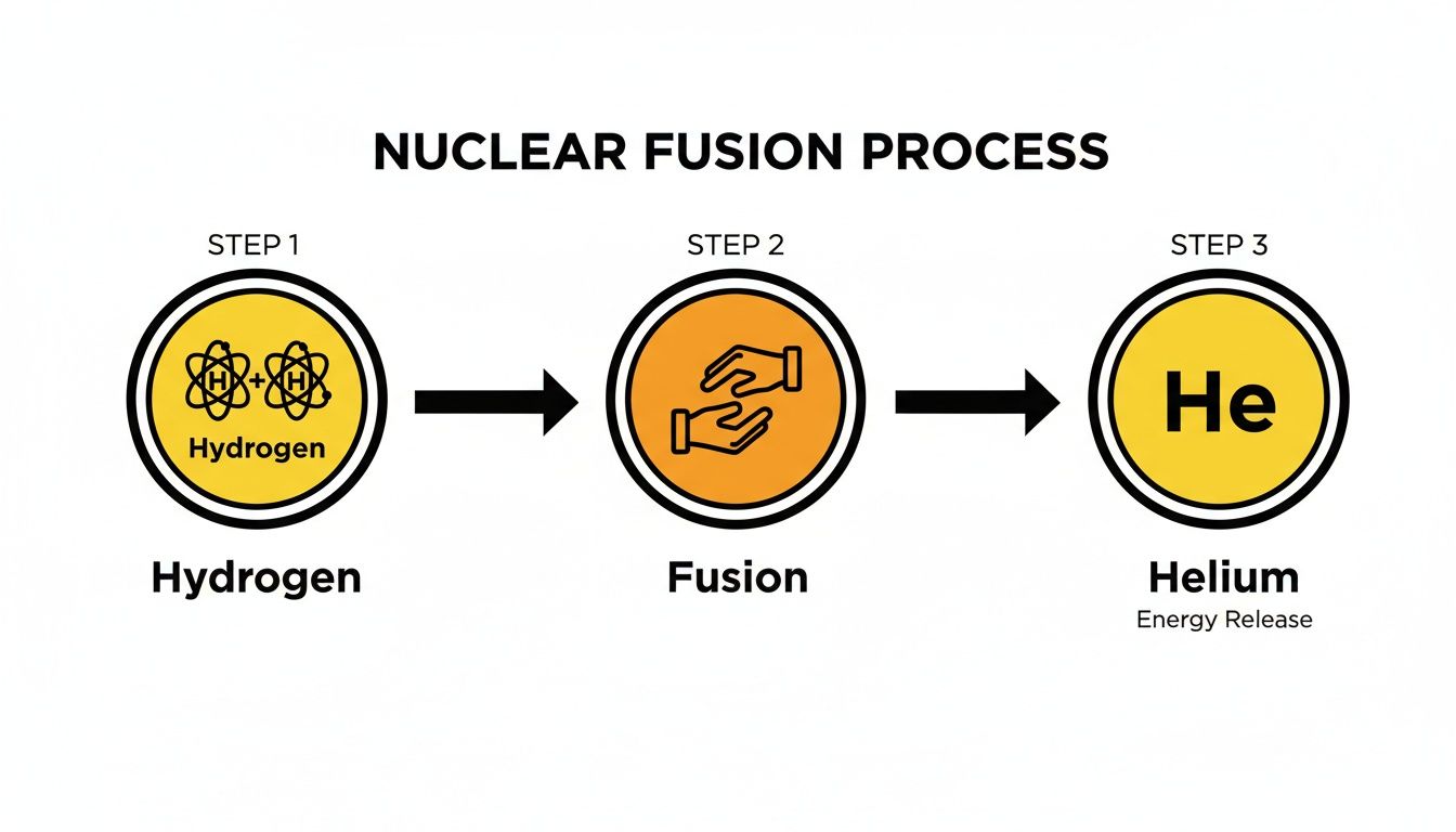 A diagram illustrating the nuclear fusion process where hydrogen atoms combine to form helium, releasing energy.