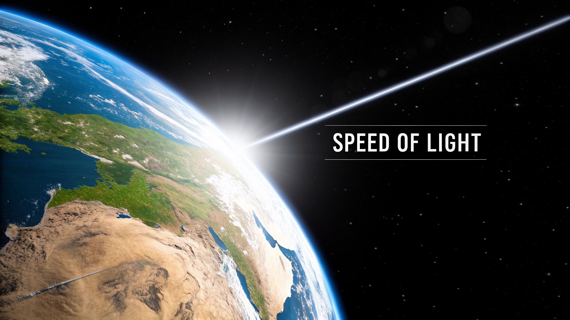 Stunning view of Earth from space, with a bright beam of light illustrating the concept of speed.