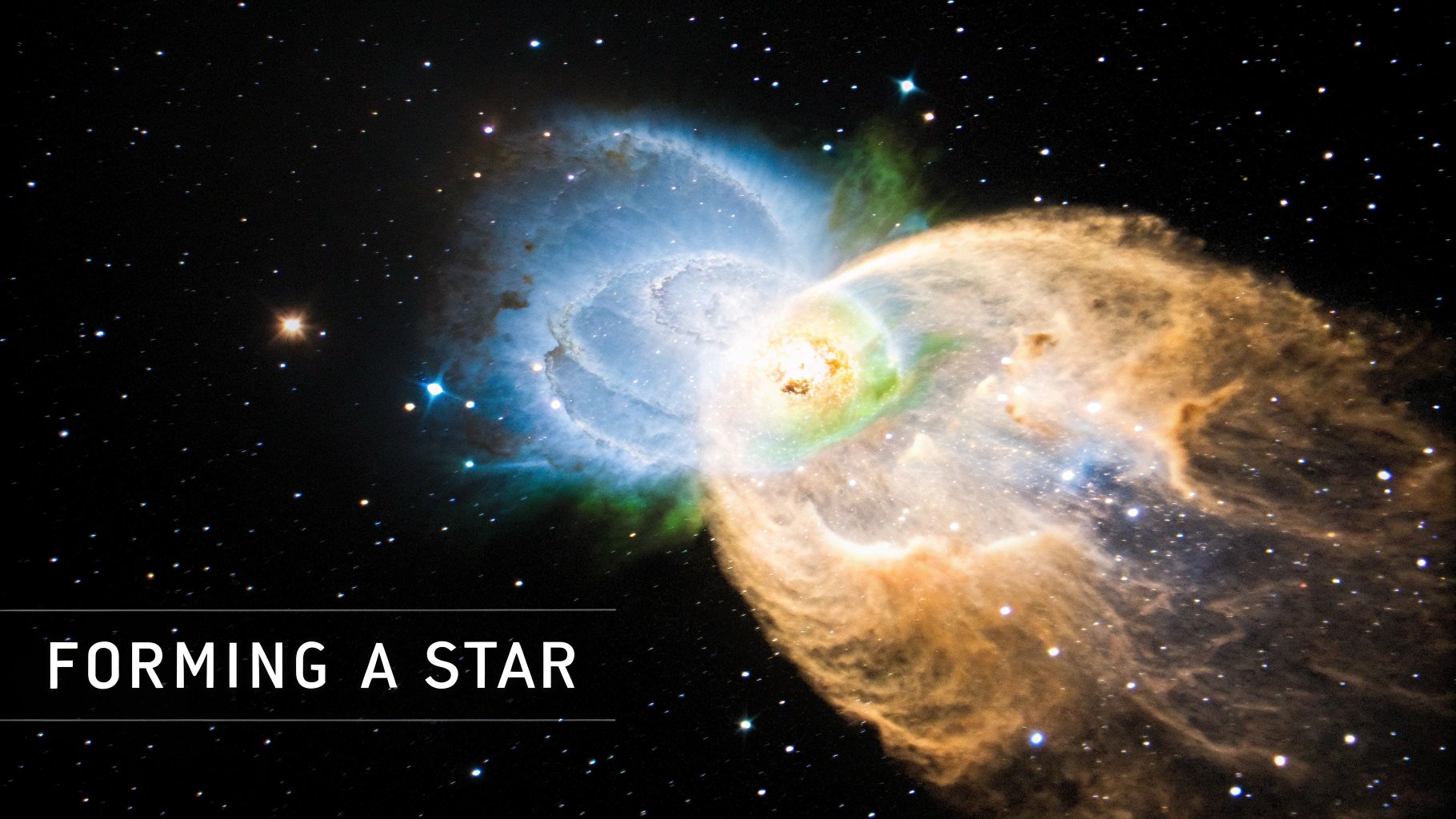 A vibrant nebula in space showing a central star forming region surrounded by sparkling stars.