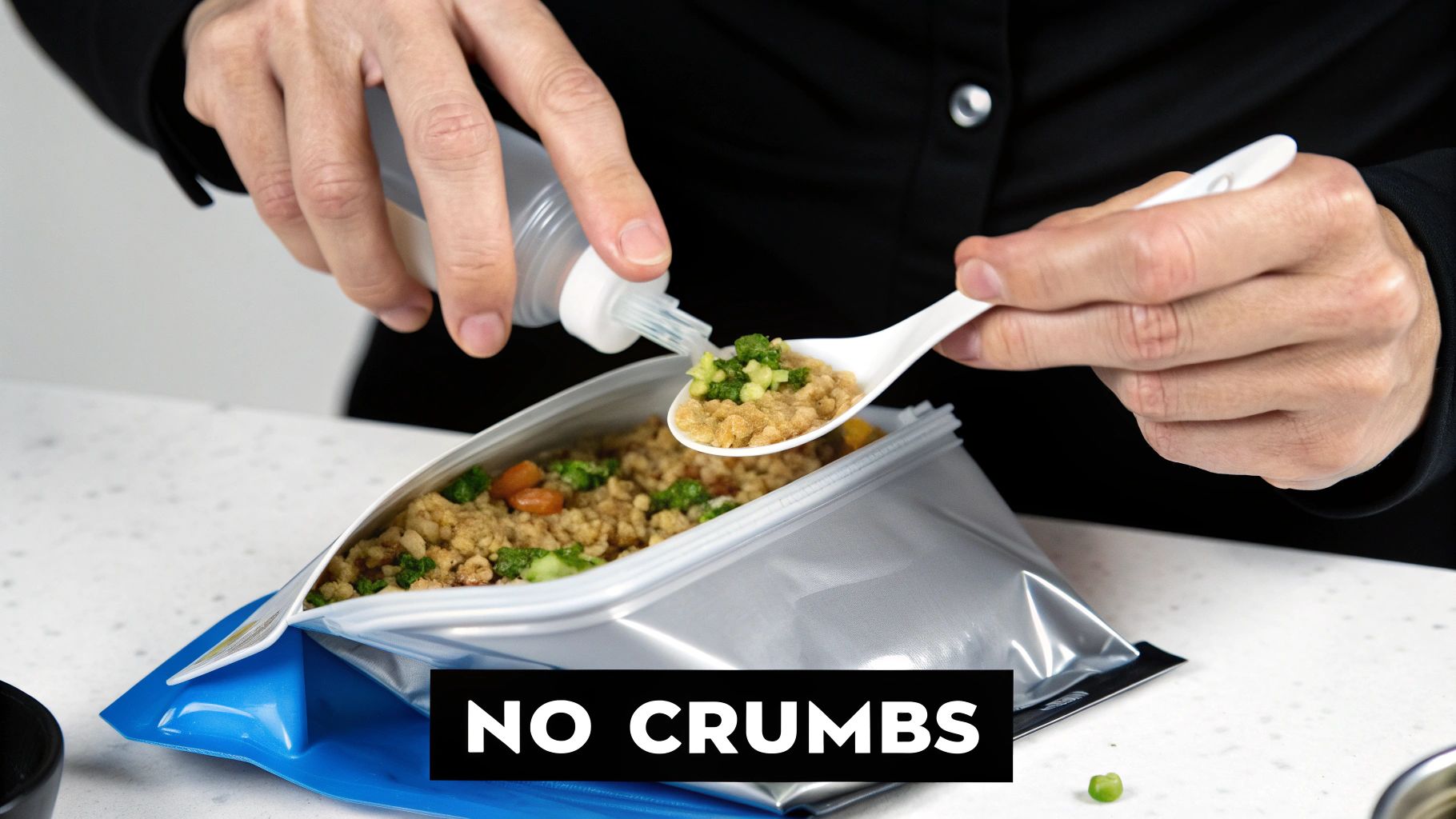 Astronaut handling food pouch on the ISS